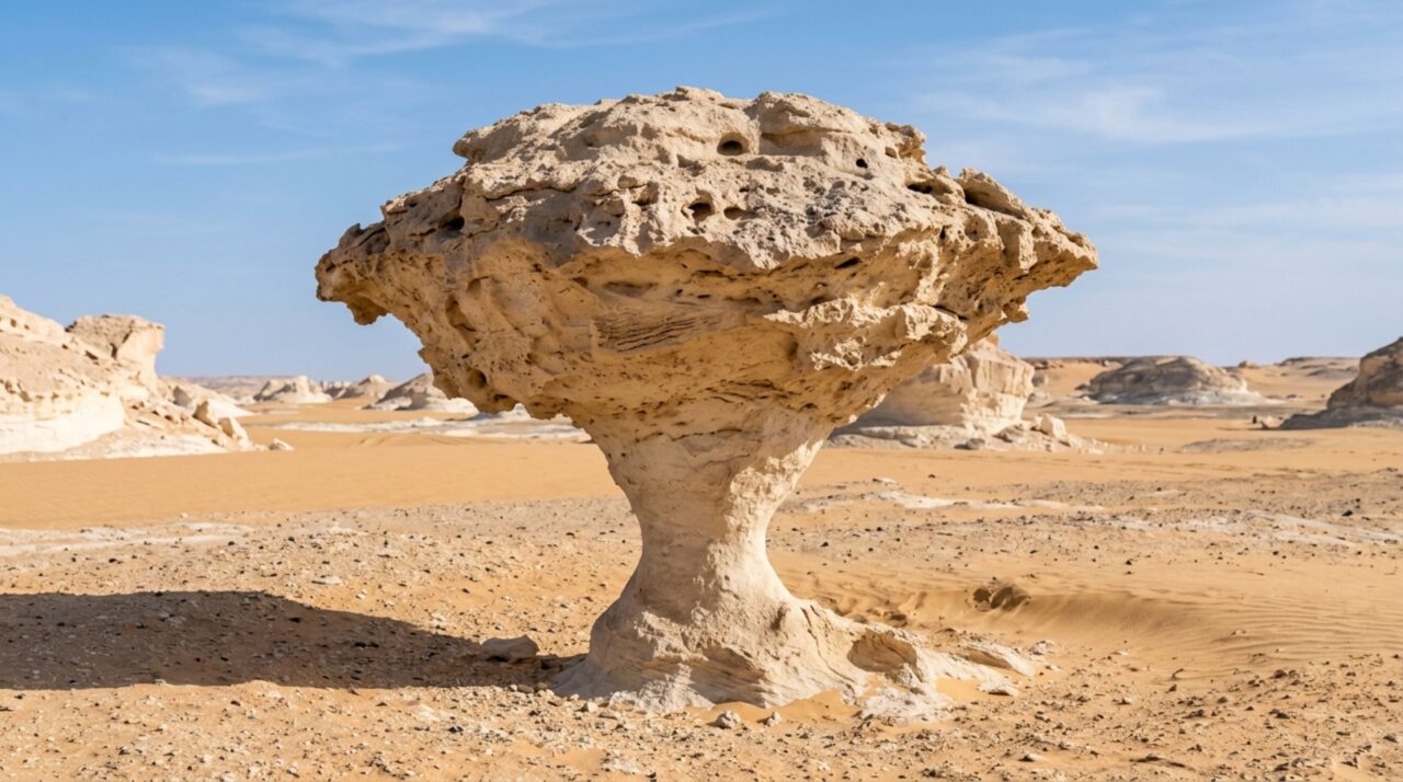 As formas do Deserto Branco do Egito surgem quando vento, areia, água e diferenças de resistência desgastam o giz e o calcário em velocidades distintas