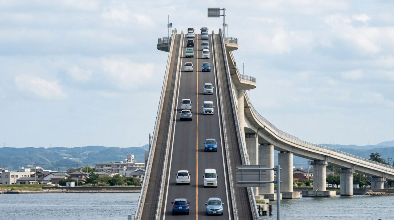 A ponte de 1,7 km no Japão que chega a 45 metros de altura, deixa navios cargueiros passarem por baixo e parece uma montanha-russa de asfalto