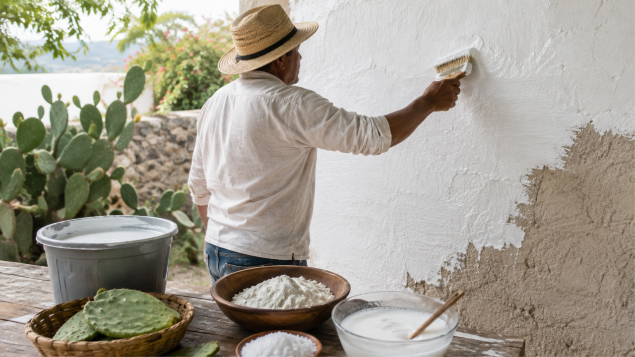 Essa tinta branca natural feita com cacto, cal e sal ajuda a proteger as paredes, refletir calor e reformar as paredes usando muito menos do que com tintas tradicionais