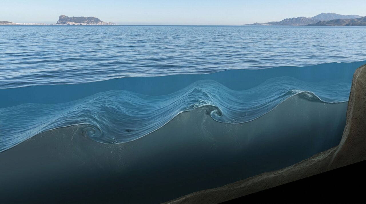 Ondas de até 100 metros atravessam o Estreito de Gibraltar sem formar muralhas na superfície, e durante alguns instantes um satélite consegue enxergar o que está acontecendo lá embaixo