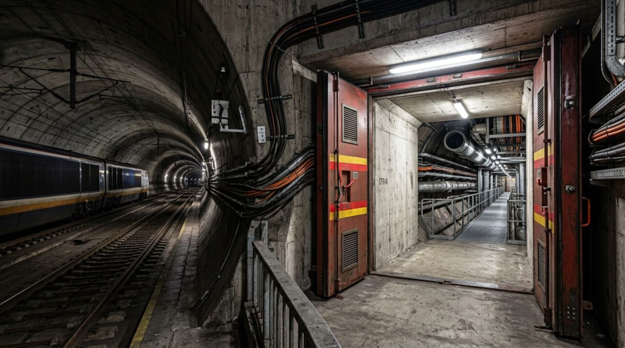 As passagens transversais do Eurotúnel permitem acesso rápido à galeria de serviço e fazem parte da estratégia de evacuação, manutenção e resposta a emergências