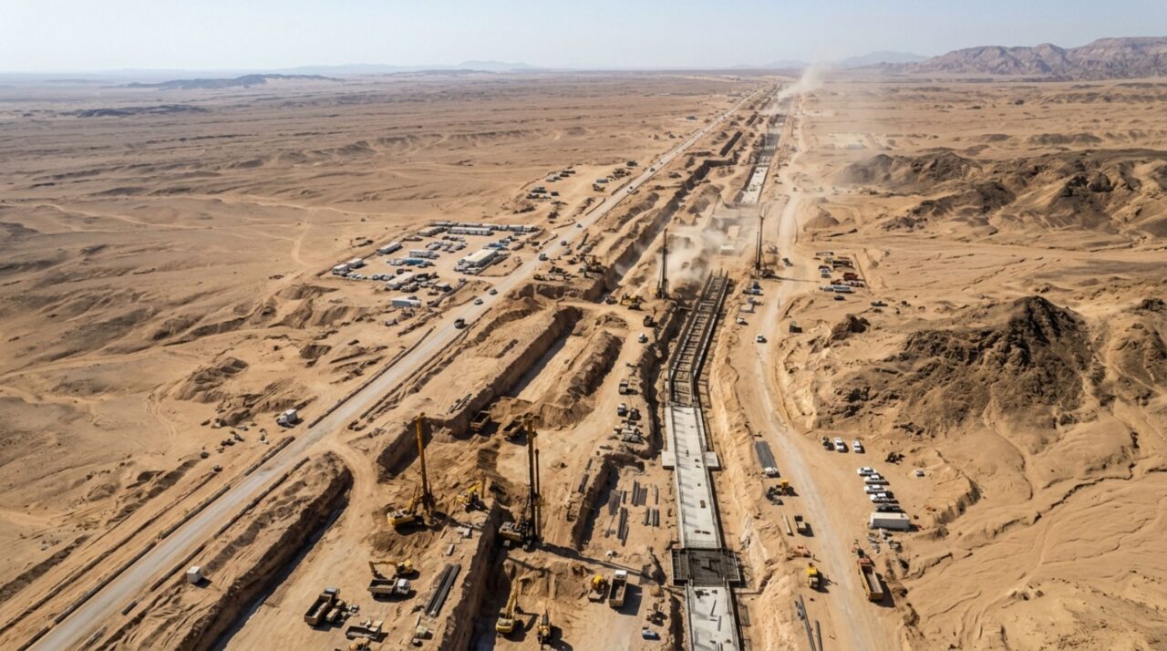 Esta muralha espelhada projetada para chegar a 500 metros começou a tomar forma no meio do deserto
