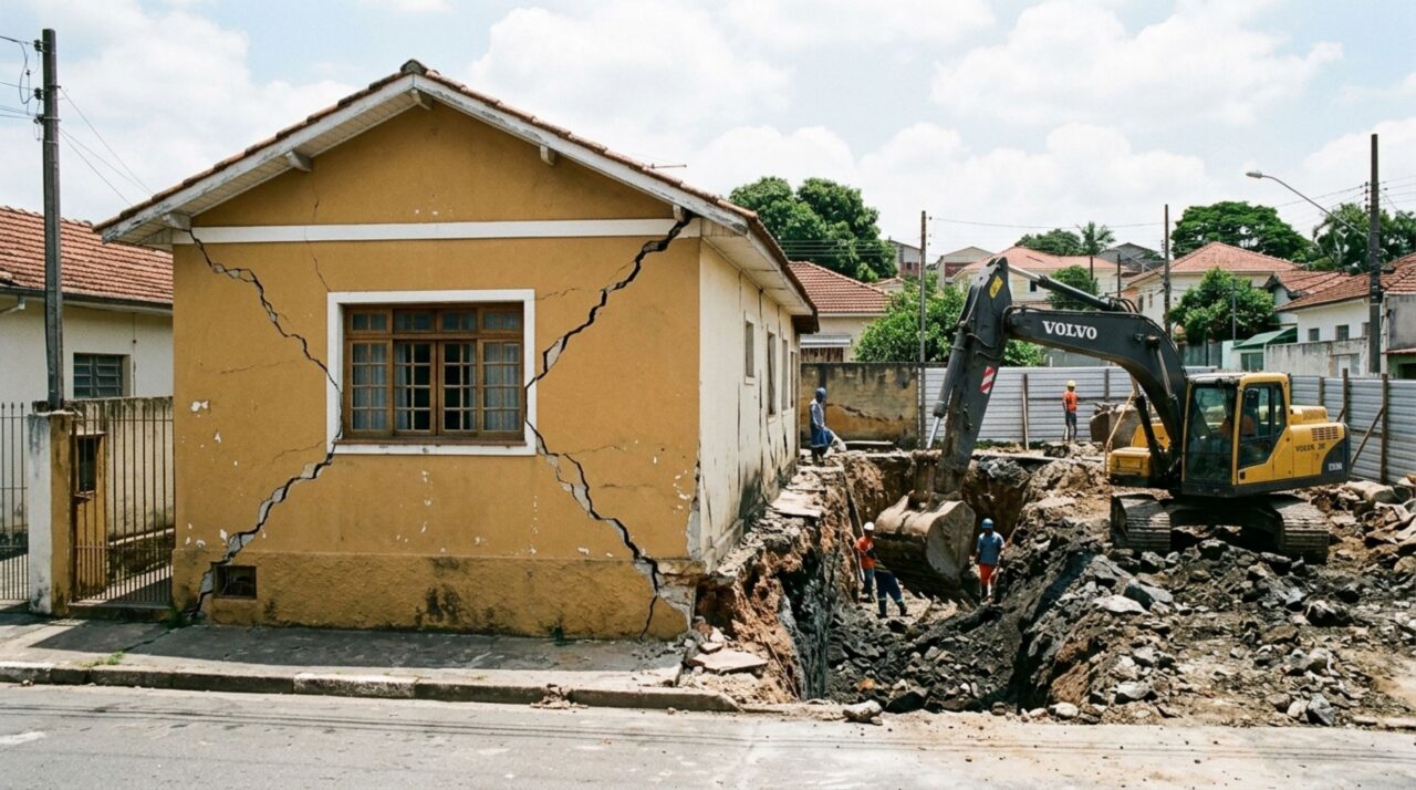 Família sai de férias, ao voltar, encontra rachaduras nas paredes e descobre que escavação da obra do vizinho atingiu área próxima à fundação, proprietário exige reparo e avaliação de engenheiro