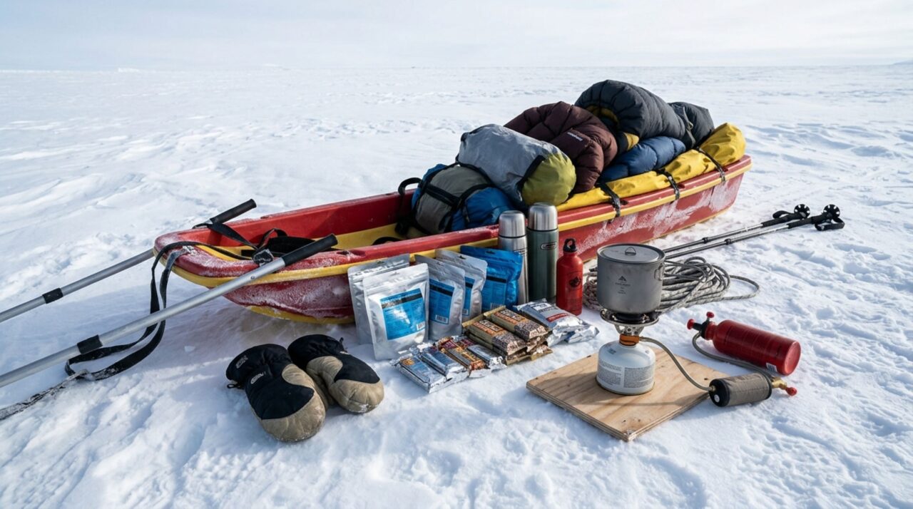 Suprimentos e equipamentos utilizados por Colin O'Brady durante a expedição polar