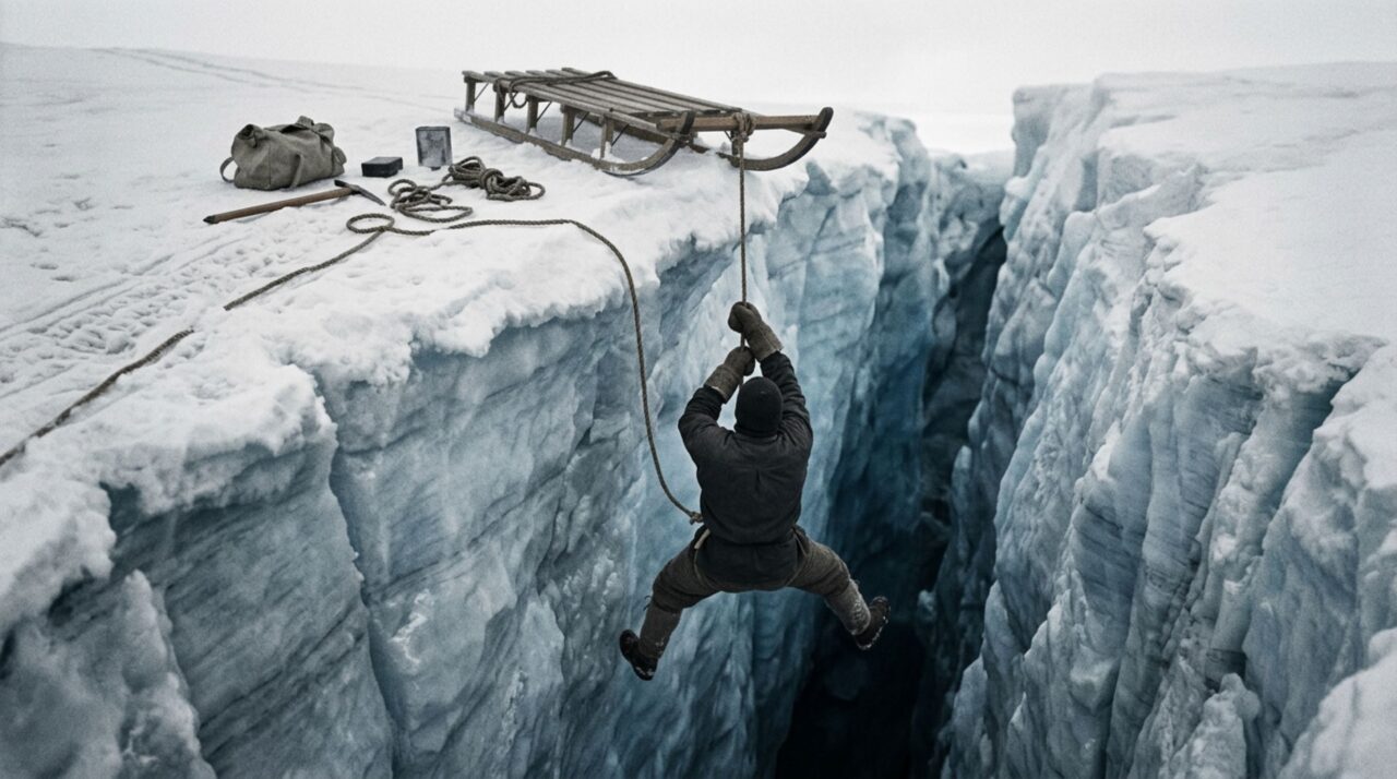 A imagem destaca um dos momentos mais perigosos da jornada de Douglas Mawson, quando a corda presa ao trenó impediu que sua queda em uma fenda terminasse de forma fatal