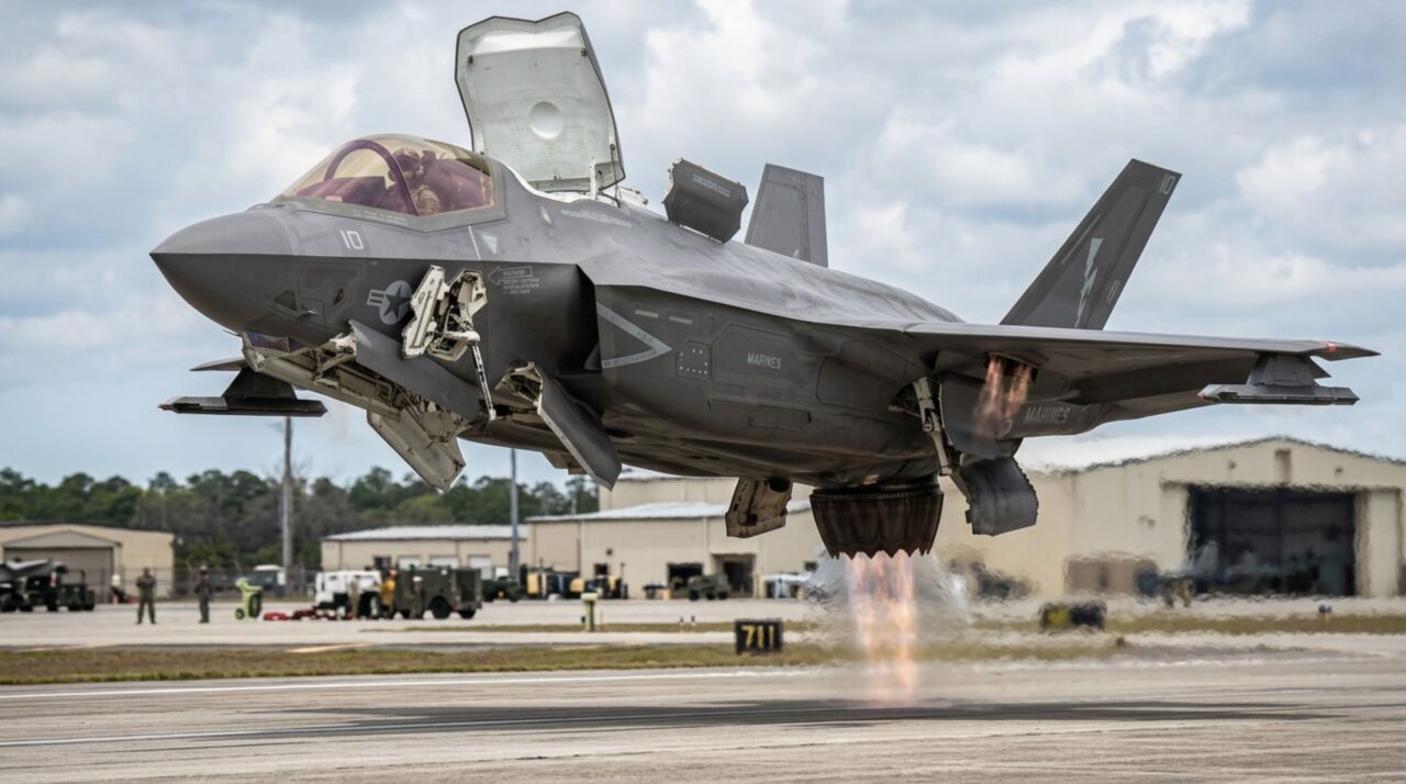 Durante o pouso vertical, o F-35B distribui a sustentação entre o LiftFan dianteiro, o bocal traseiro e os roll posts para manter a aeronave equilibrada e controlável
