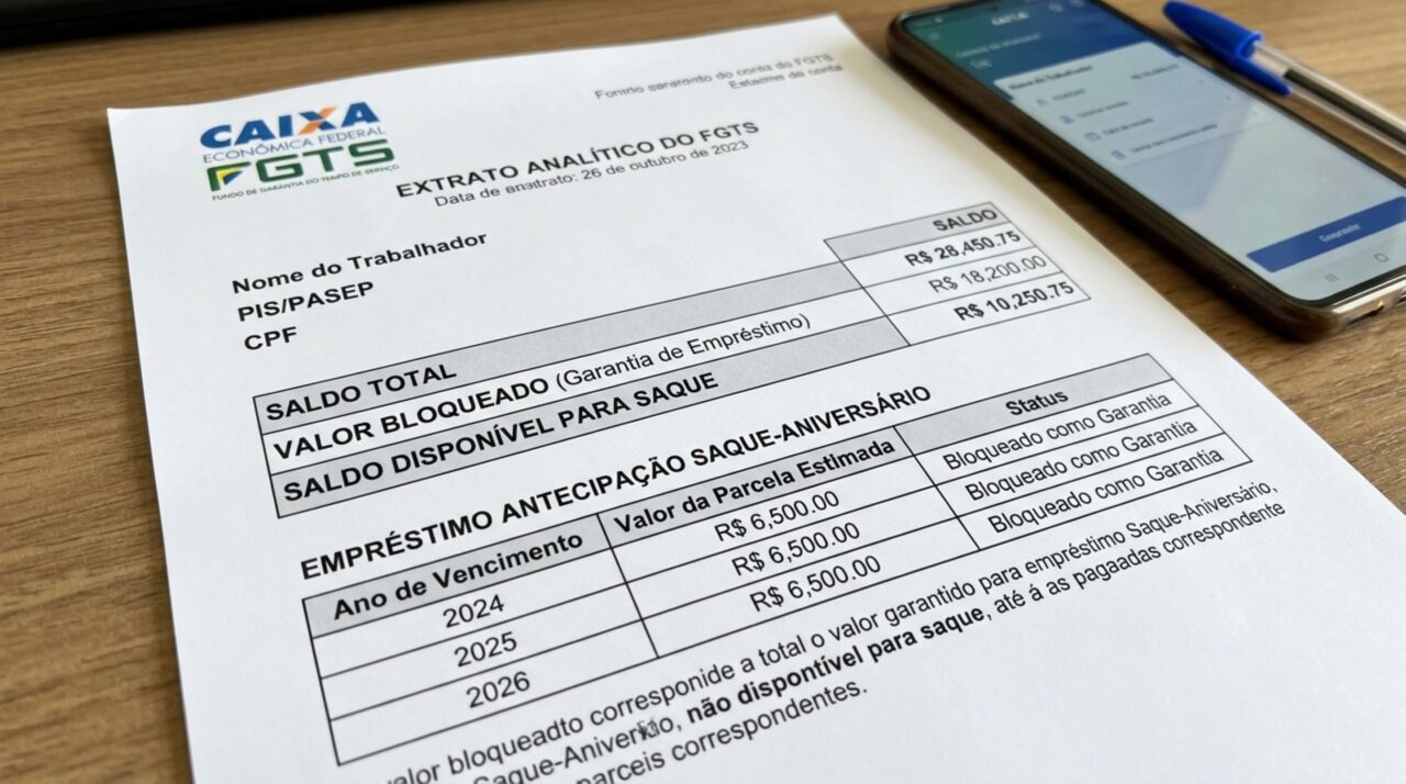 Trabalhador antecipa parcelas do saque-aniversário achando que o restante do FGTS continuaria totalmente livre, mas quando tenta movimentar a conta, descobre que parte do saldo está bloqueada como garantia