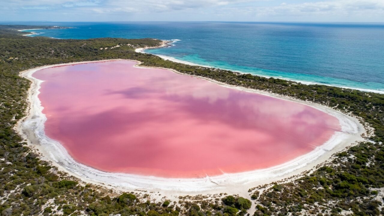 Um lago cor-de-rosa tem 28% de sal e cientistas encontraram uma comunidade de bactérias, algas, arqueias e vírus que ajuda a explicar por que sua água parece pintada