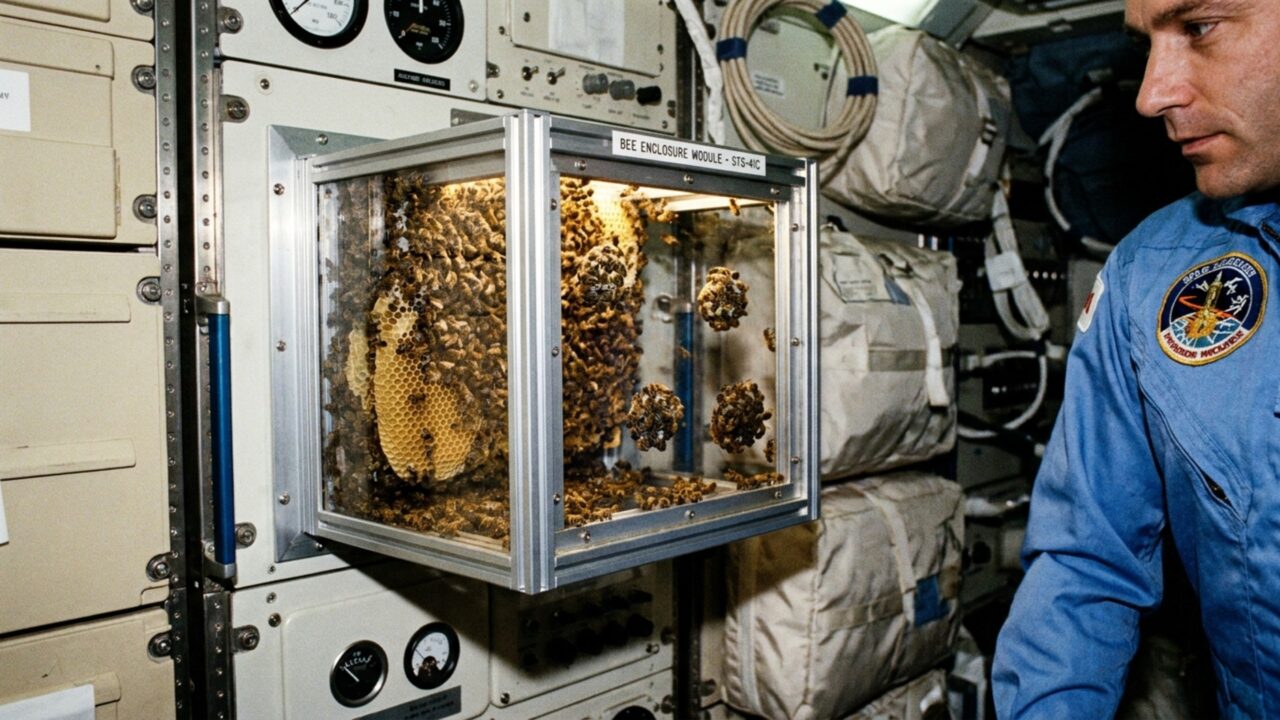 A NASA enviou cerca de 3.300 abelhas para o espaço para testar a construção de colmeias sem gravidade; a colônia construiu cerca de 200 cm² de favo em apenas 7 dias de microgravidade