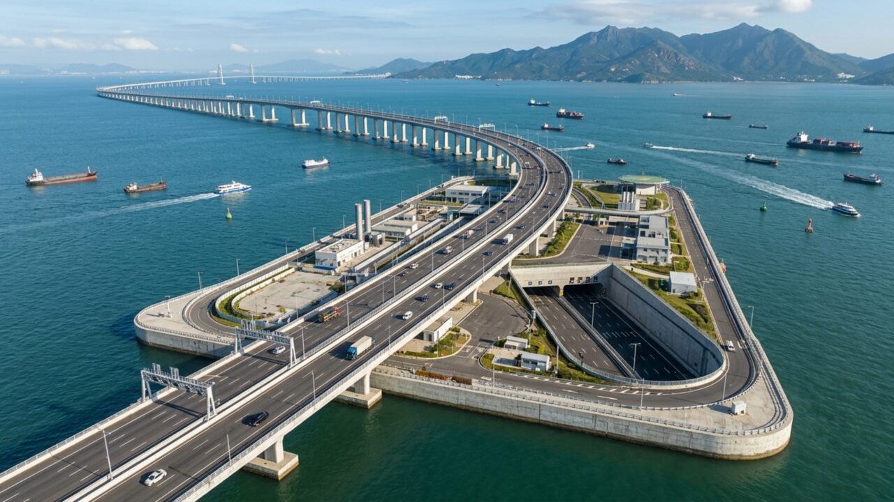 Complexo de quase R$ 100 bilhões atravessa o mar com pontes, túnel submerso e ilhas artificiais