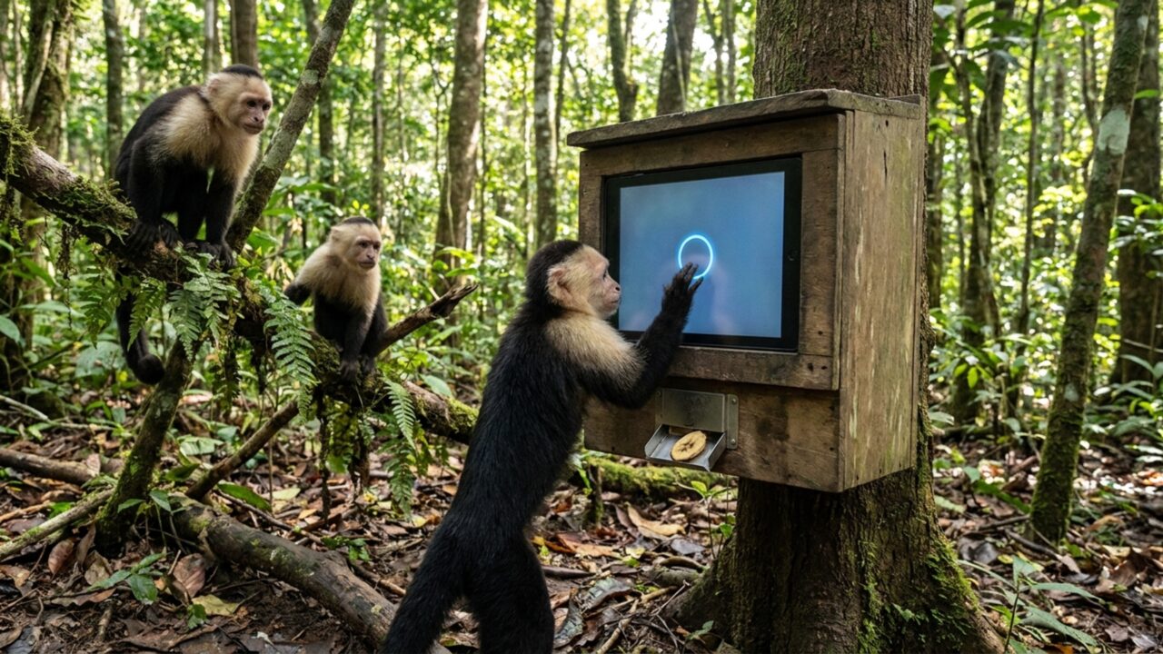 Cientistas colocam tela sensível ao toque com IA em uma floresta e 16 macacos-prego aprendem a usá-la por bananas e chamam a atenção de pesquisadores