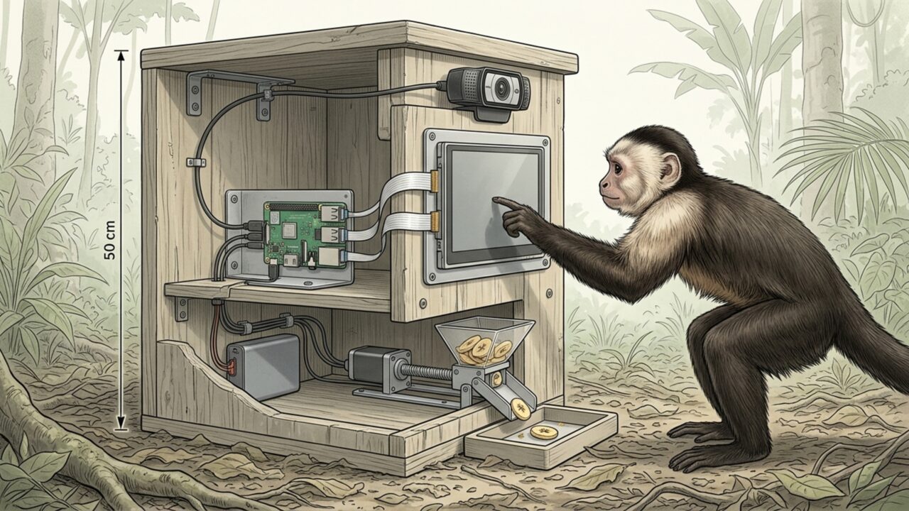 Cientistas colocam tela sensível ao toque com IA em uma floresta e 16 macacos-prego aprendem a usá-la por bananas