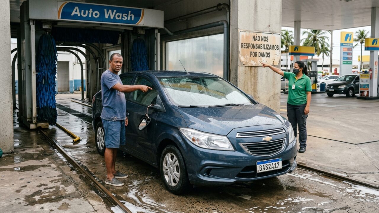 Homem deixa o carro em lava-jato automático, equipamento arranca o retrovisor e empresa aponta uma placa na entrada para negar o conserto