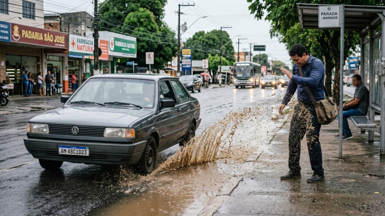 Motorista joga água em pedestre ao passar por rua alagada, vítima anota a placa e caso termina em denúncia ao órgão de trânsito