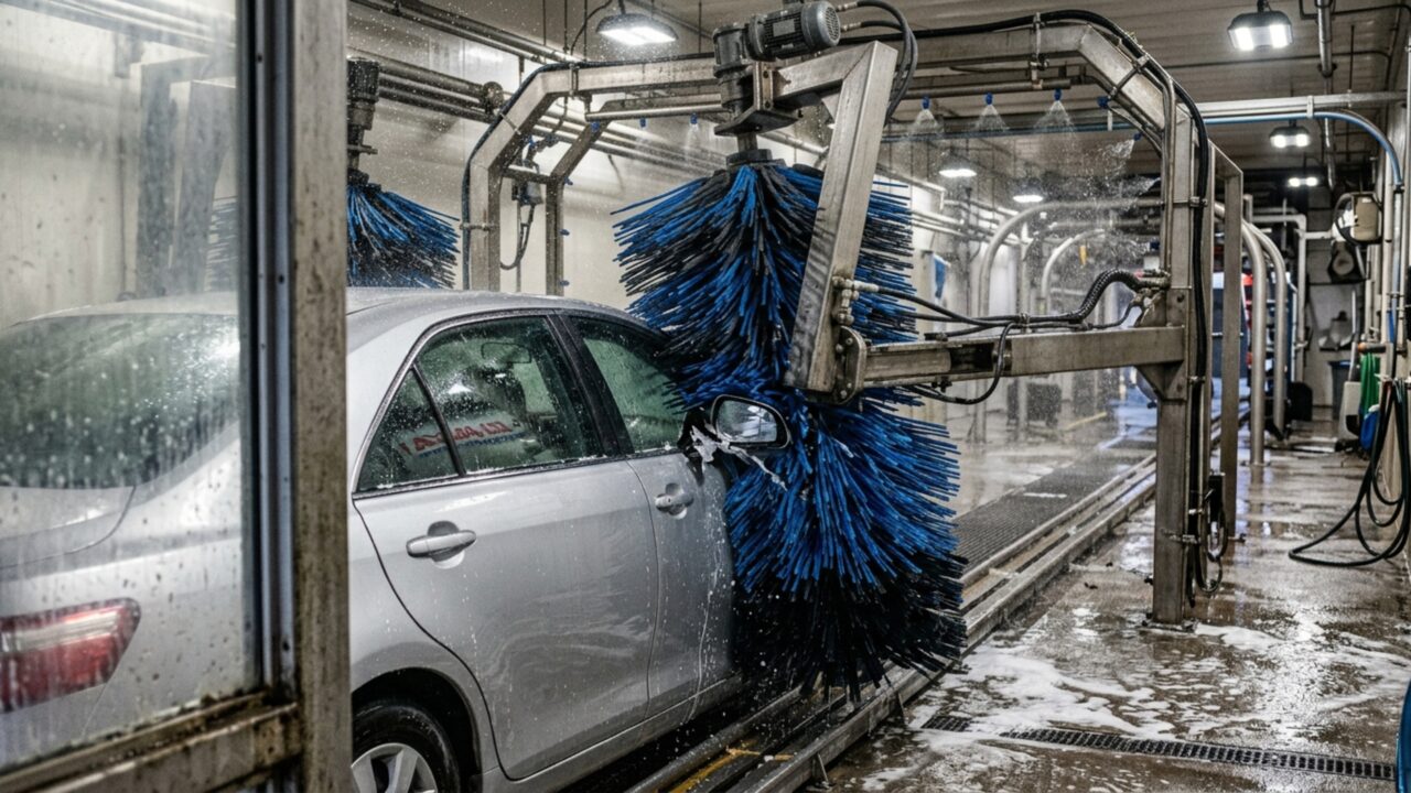 Homem deixa o carro em lava-jato automático, equipamento arranca o retrovisor e empresa aponta uma placa na entrada para negar o conserto