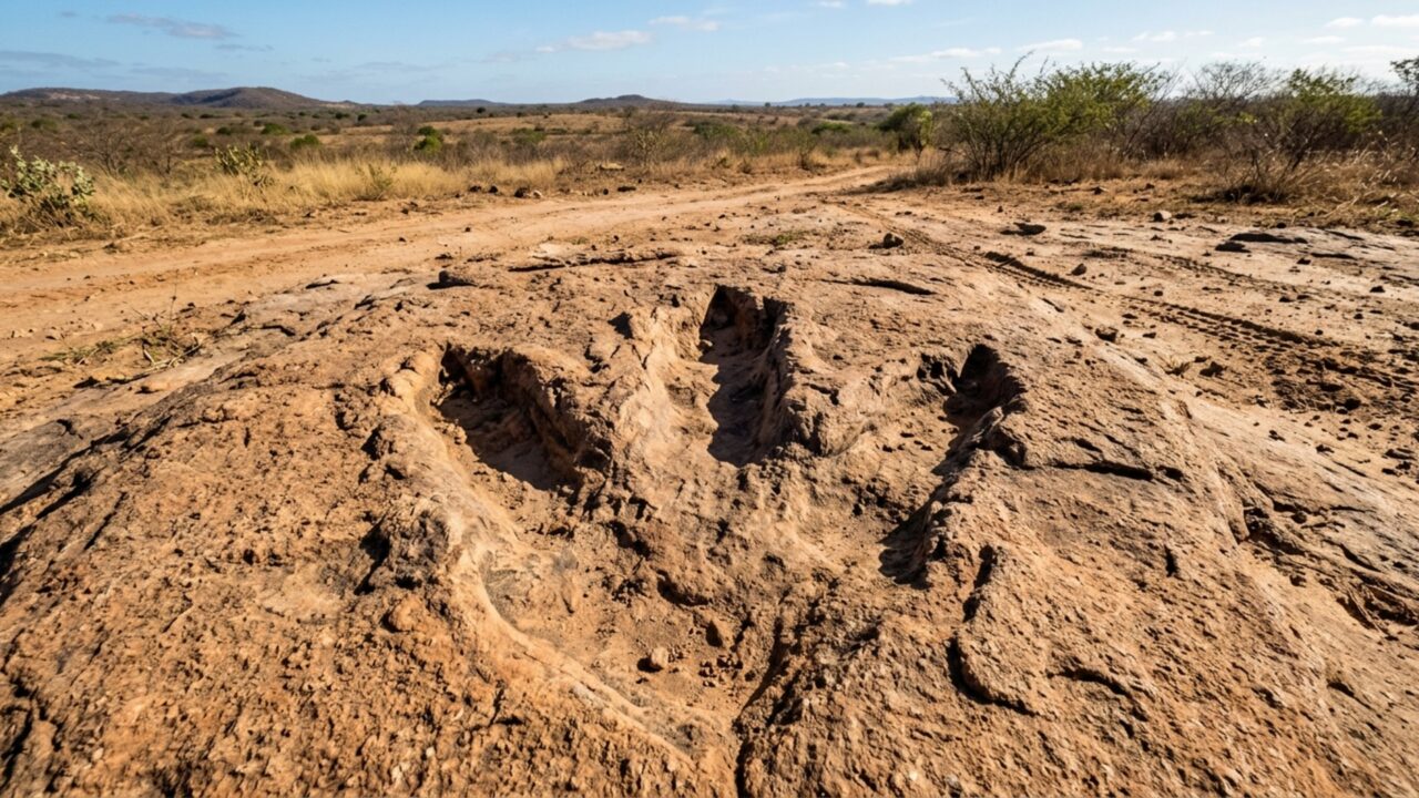 Com 63 centímetros de largura, a maior pegada de dinossauro carnívoro já encontrada no Brasil estava escondida no Sertão da Paraíba