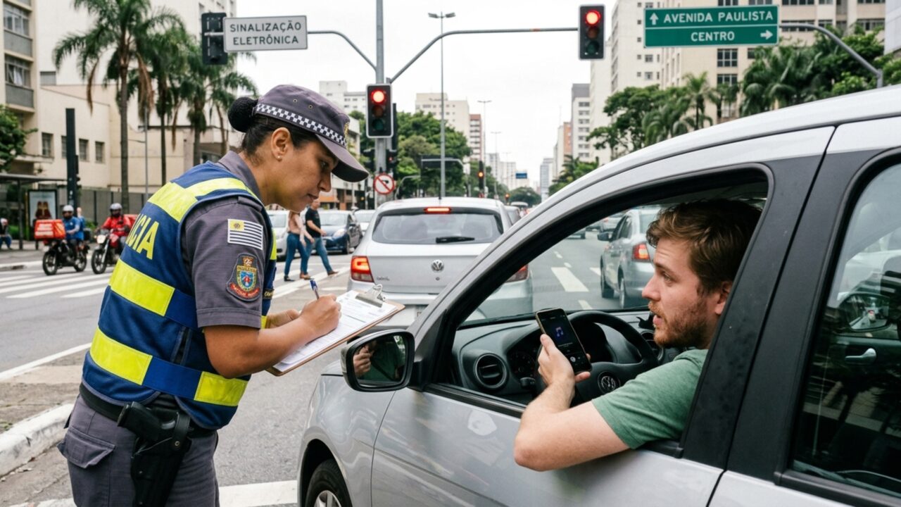 Motorista pega o celular para trocar a música no sinal fechado e recebe multa mesmo com o carro parado