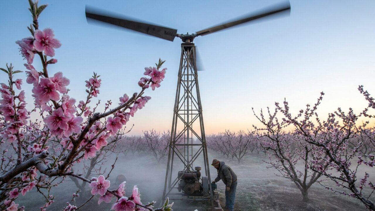 Produtores de pêssegos colocaram ventiladores com pás de 6,1 metros em torres de 10,7 metros para trazer ar mais quente até as árvores e salvar a colheita do frio, enquanto turbinas de parques eólicos provocavam um efeito semelhante à noite