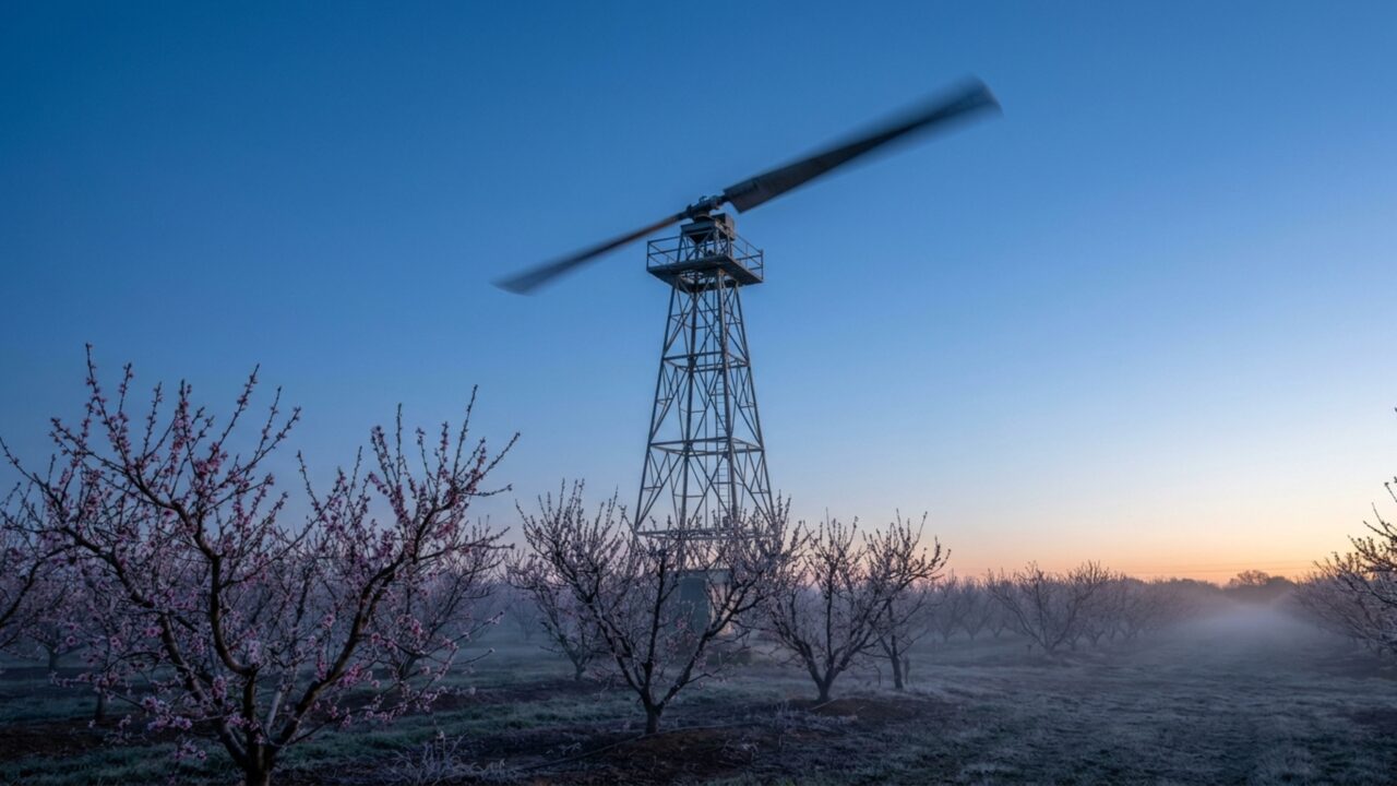Produtores de pêssegos colocaram ventiladores com pás de 6,1 metros em torres de 10,7 metros para trazer ar mais quente até as árvores e salvar a colheita do frio, enquanto turbinas de parques eólicos provocavam um efeito semelhante à noite