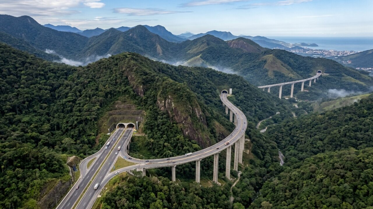 Rodovia brasileira de R$ 3,1 bilhões corta a serra com quatro túneis e uma passagem subterrânea de mais de cinco quilômetros