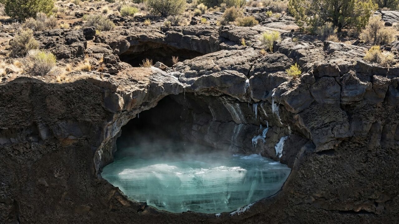 Uma caverna congelada a -0,6 °C que não derrete sob o calor do deserto e esconde camadas de gelo de até 6 metros de espessura