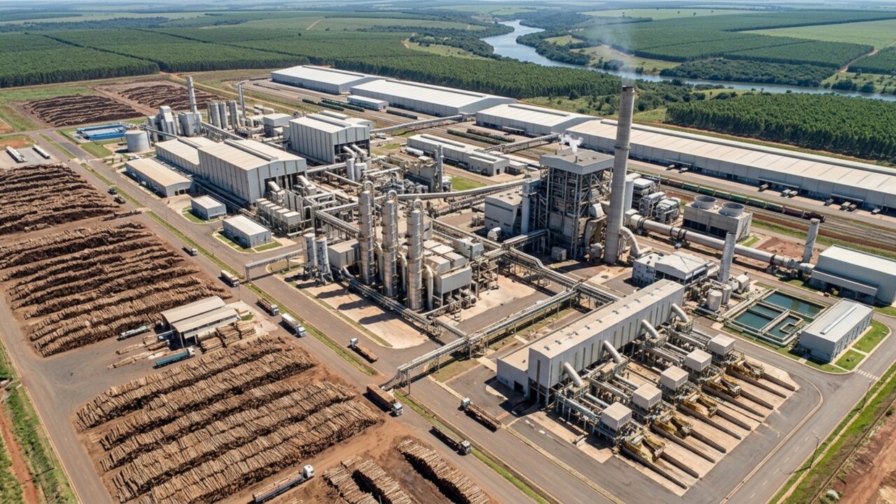 Megaobra de R$ 25 bilhões ocupa uma área de 3 km por 2 km no interior do Brasil e ergue a maior fábrica de celulose de linha única do mundo, capaz de produzir 3,5 milhões de toneladas por ano