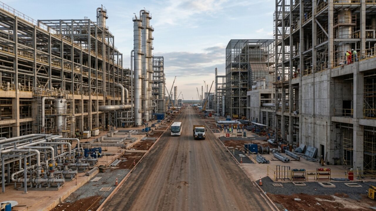 Megaobra de R$ 25 bilhões ocupa uma área de 3 km por 2 km no interior do Brasil e ergue a maior fábrica de celulose construída em etapa única do mundo, capaz de produzir 3,5 milhões de toneladas por ano