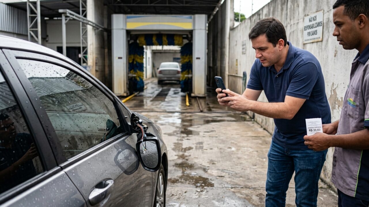 Homem deixa o carro em lava-jato automático, equipamento arranca o retrovisor e empresa aponta uma placa na entrada para negar o conserto