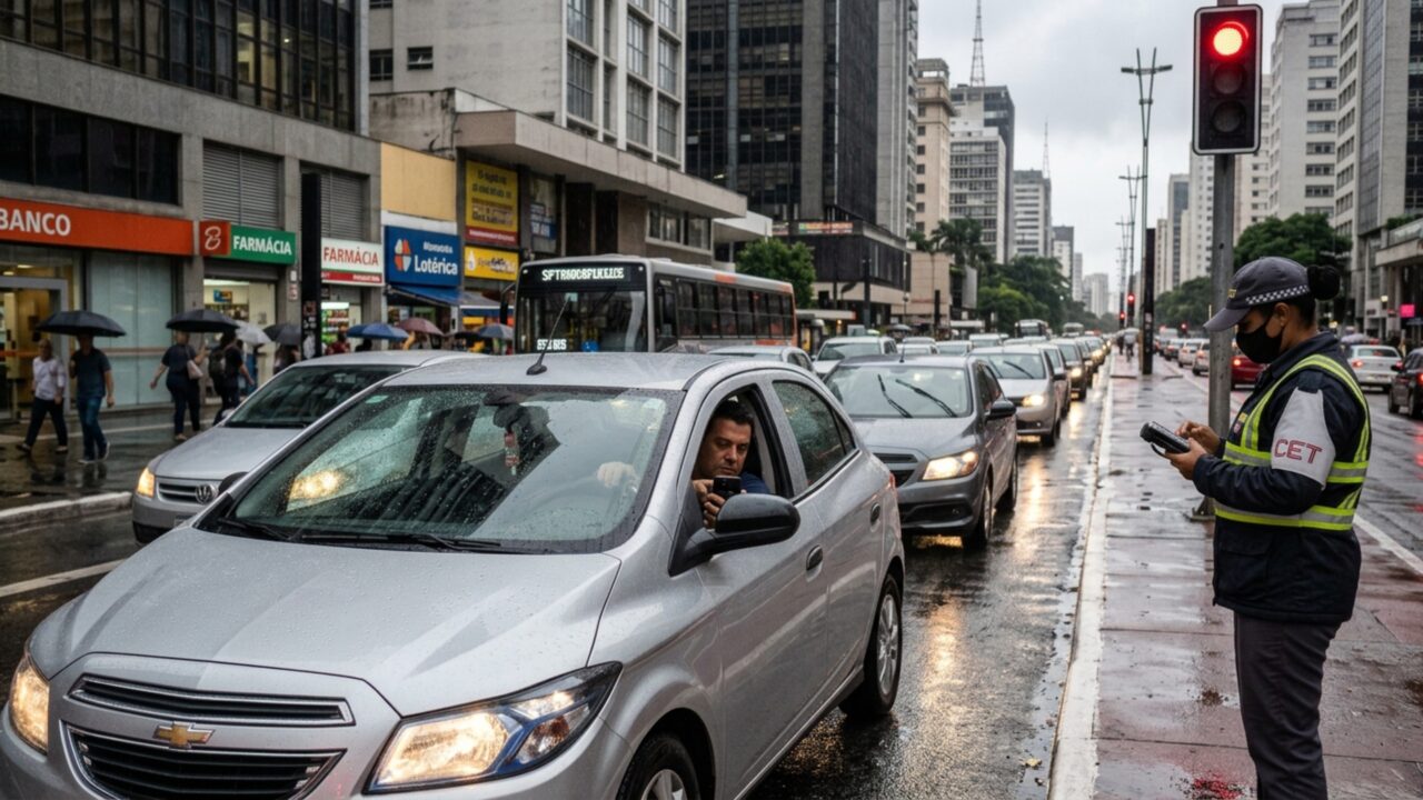 Motorista pega o celular para trocar a música no sinal fechado e recebe multa mesmo com o carro parado