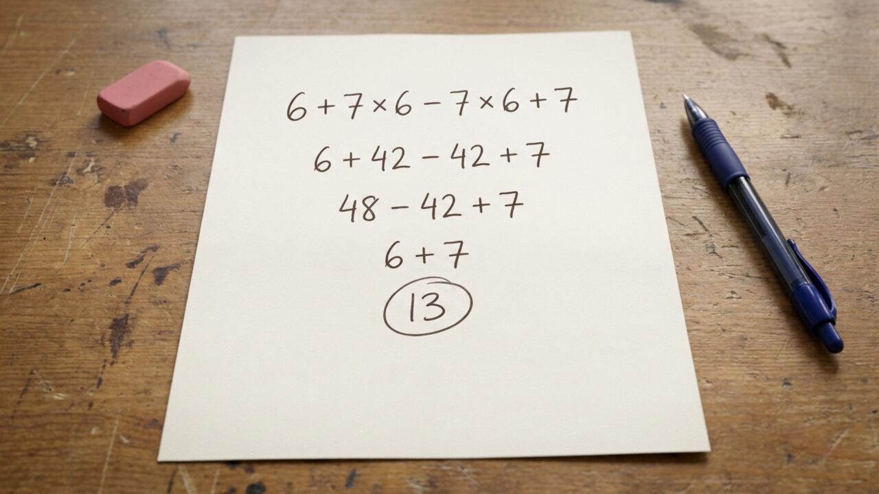 Resolva 6 + 7 × 6 − 7 × 6 + 7 e teste se você consegue chegar ao resultado correto sem precisar de calculadora