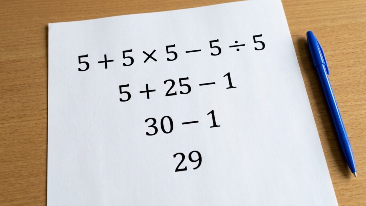 Resolva 5 + 5 × 5 − 5 ÷ 5 e teste se você consegue chegar ao resultado correto sem calculadora