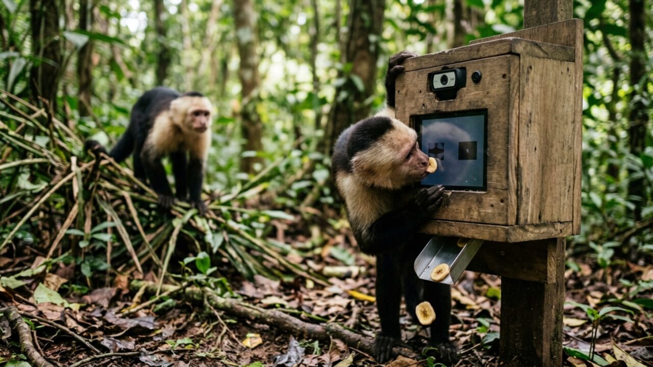 Cientistas colocam tela sensível ao toque com IA em uma floresta e 16 macacos-prego aprendem a usá-la por bananas