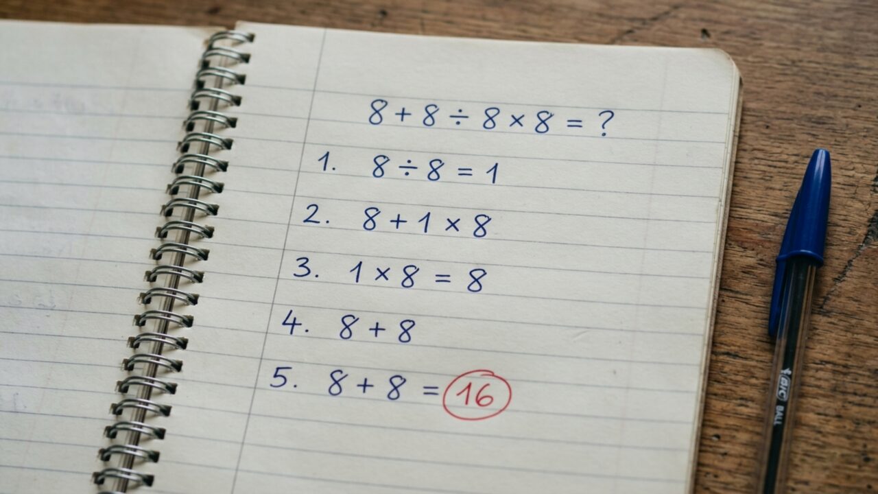 A conta 8 + 8 ÷ 8 × 8 parece simples, mas a ordem das operações muda o resultado