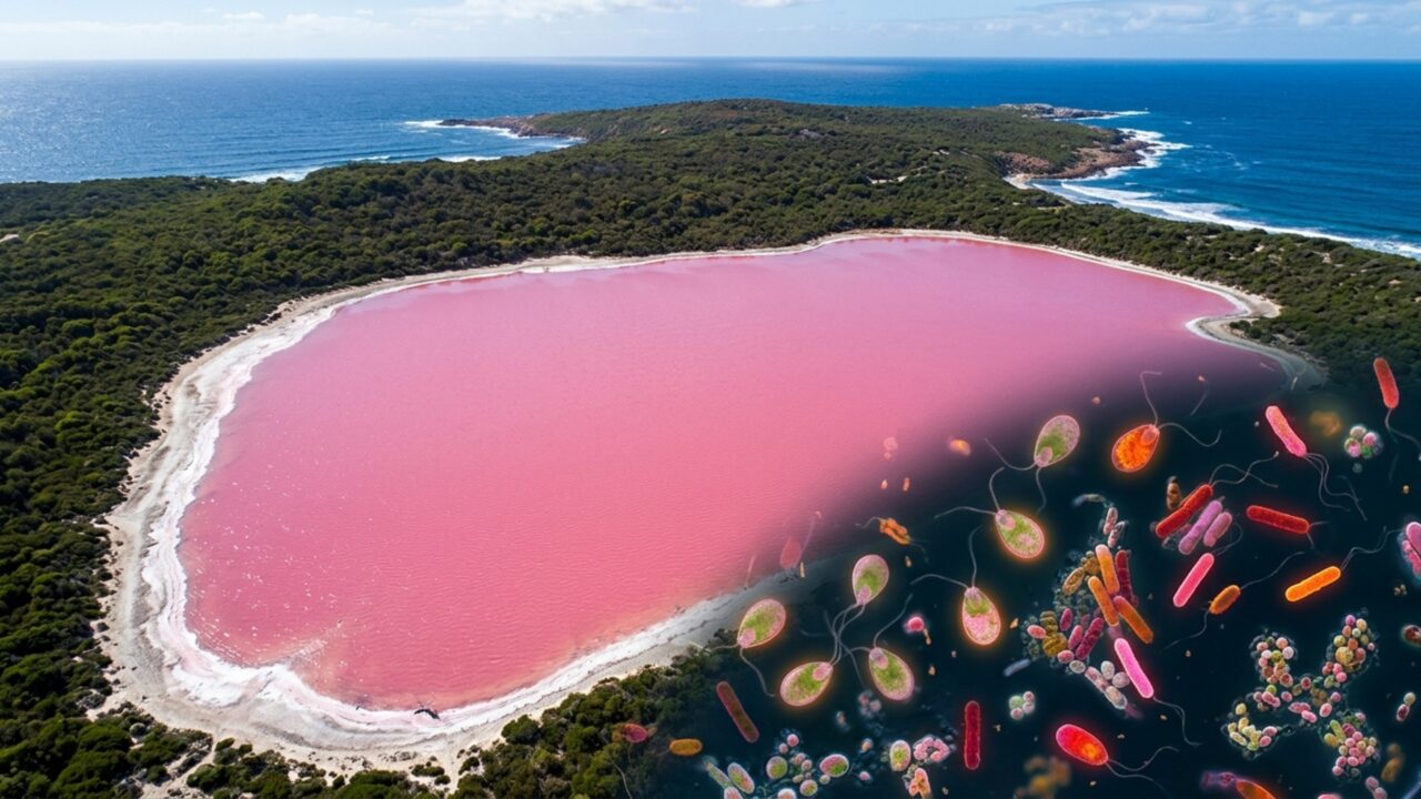Um lago cor-de-rosa tem 28% de sal e cientistas encontraram uma comunidade de bactérias, algas, arqueias e vírus que ajuda a explicar por que sua água parece pintada