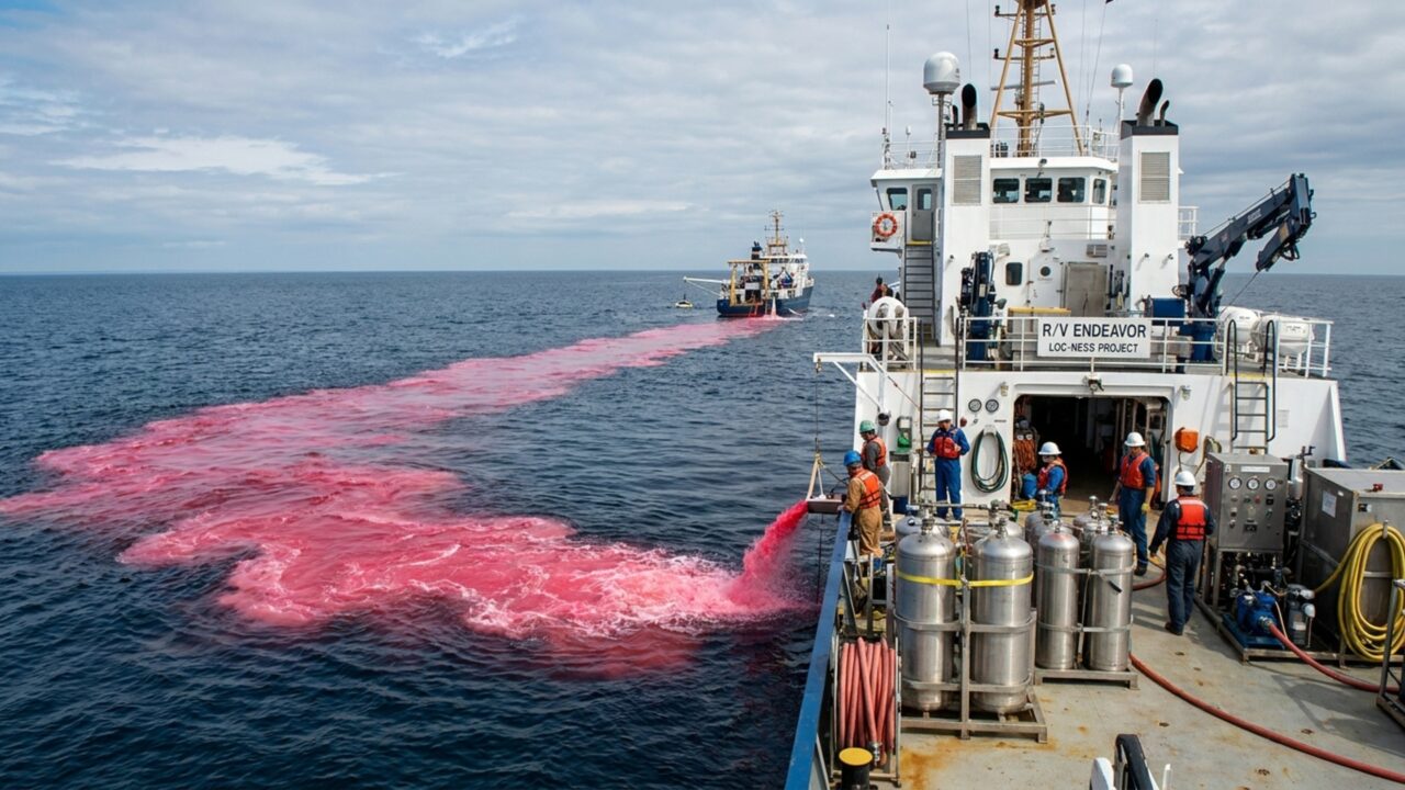 Cientistas tingiram de rosa uma parte do oceano e derramaram 65.000 litros de soda cáustica para um experimento