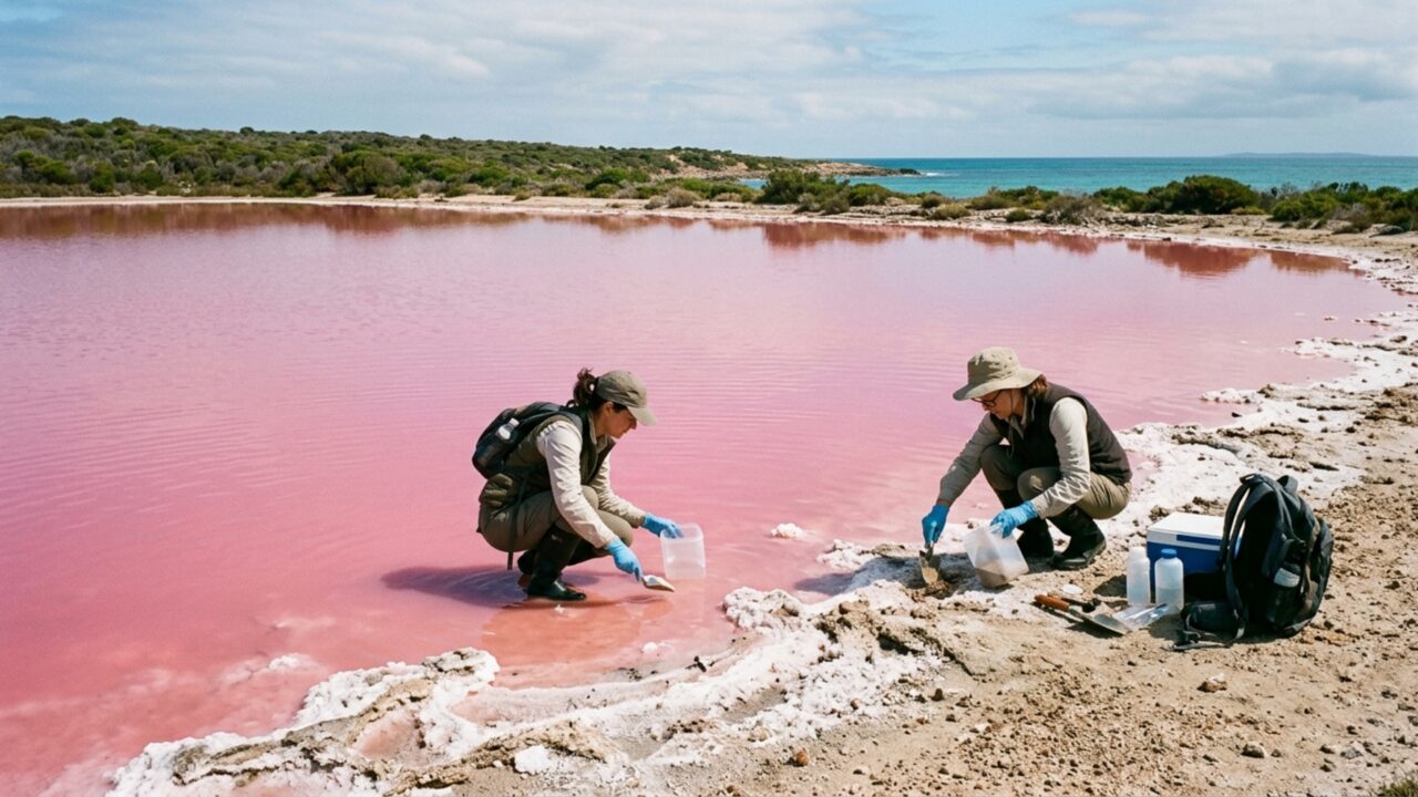 Um lago cor-de-rosa tem 28% de sal e cientistas encontraram uma comunidade de bactérias, algas, arqueias e vírus que ajuda a explicar por que sua água parece pintada