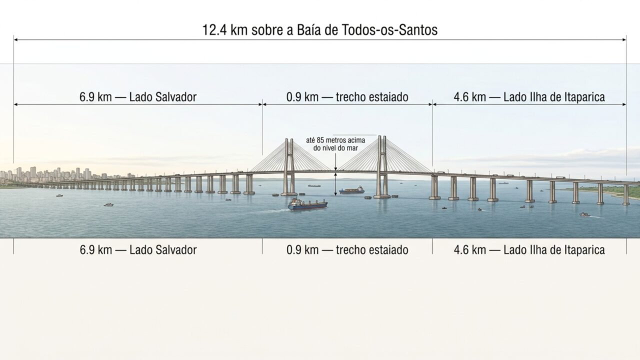 Megaobra de R$ 11,6 bilh&otilde;es come&ccedil;a a erguer em Salvador uma das maiores pontes da Am&eacute;rica Latina para ligar a capital &agrave; Ilha de Itaparica