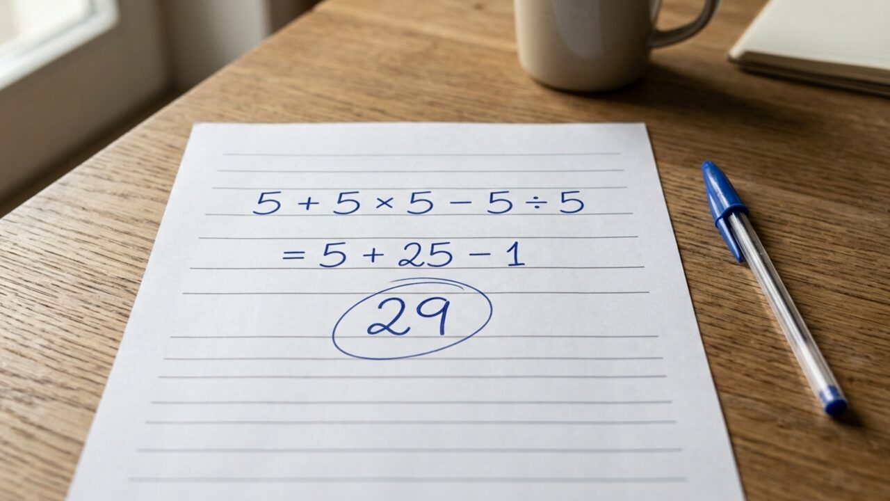 Resolva 5 + 5 × 5 − 5 ÷ 5 e teste se você consegue chegar ao resultado correto sem calculadora