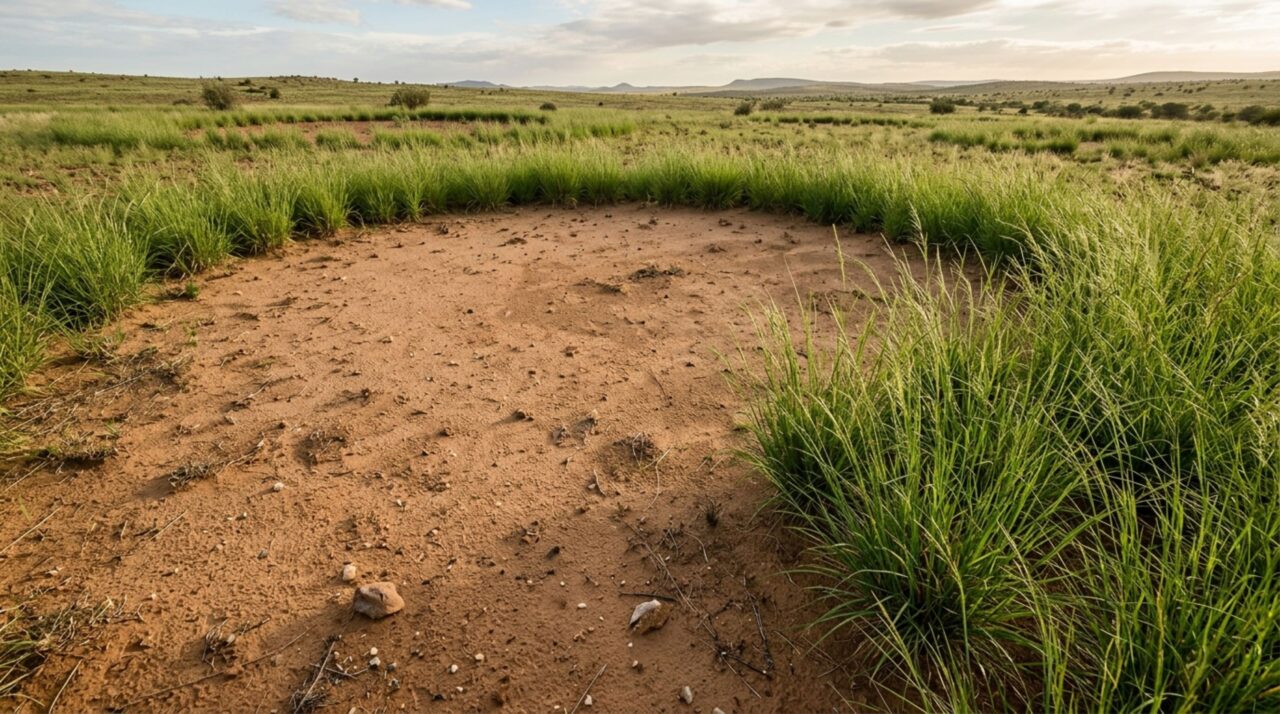 Na borda dos círculos de fadas, gramíneas mais estabelecidas contrastam com o centro quase nu em uma paisagem onde a pouca água disponível está no centro do debate científico