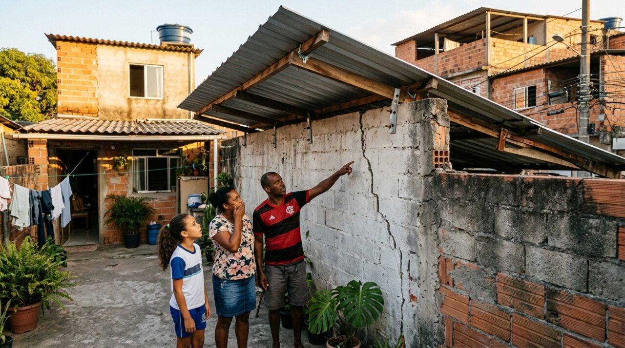 Família passa fim de semana fora e, ao voltar, descobre que vizinho instalou estrutura apoiada no muro divisório sem comunicar, ela pede retirada por medo de danos estruturais e caso vai parar na justiça