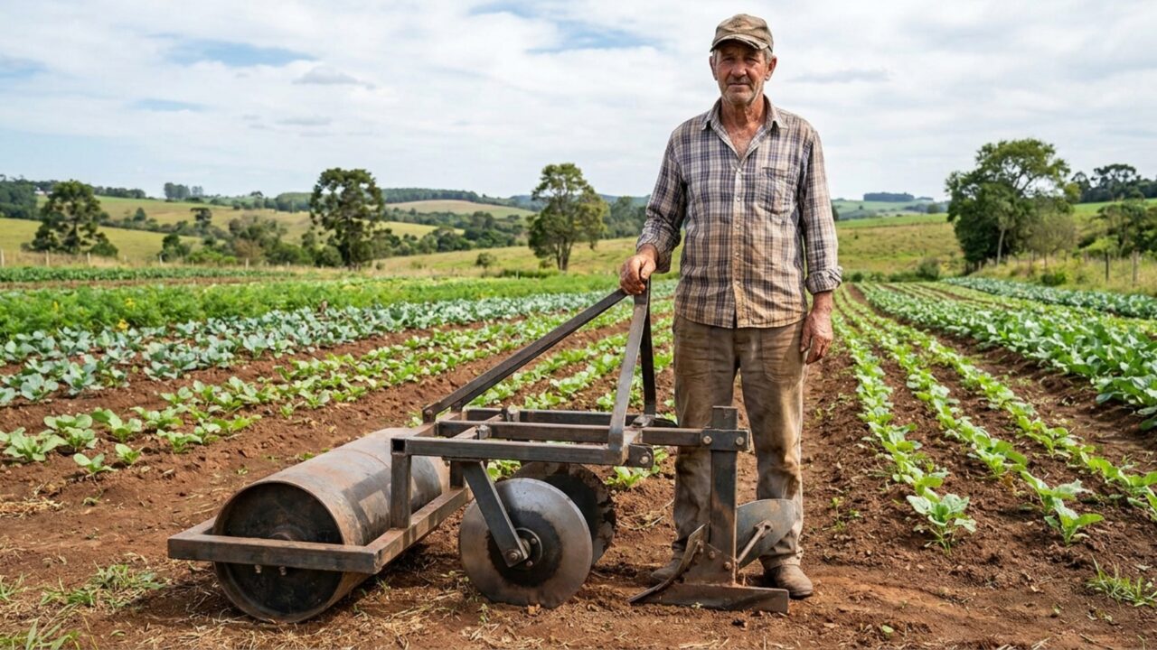 Um agricultor assentado de Santa Catarina juntou um rolo-faca, um disco de corte e um sulcador na mesma máquina, disputou com outros 112 projetos e voltou para casa com prêmio de R$ 10 mil