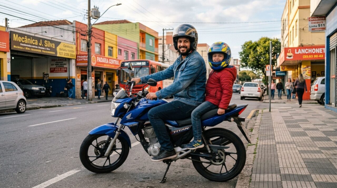 Motociclista é abordado levando filho na garupa, agente questiona a idade da criança e pai afirma que ela consegue se segurar perfeitamente, policial explica o limite que pode impedir a viagem