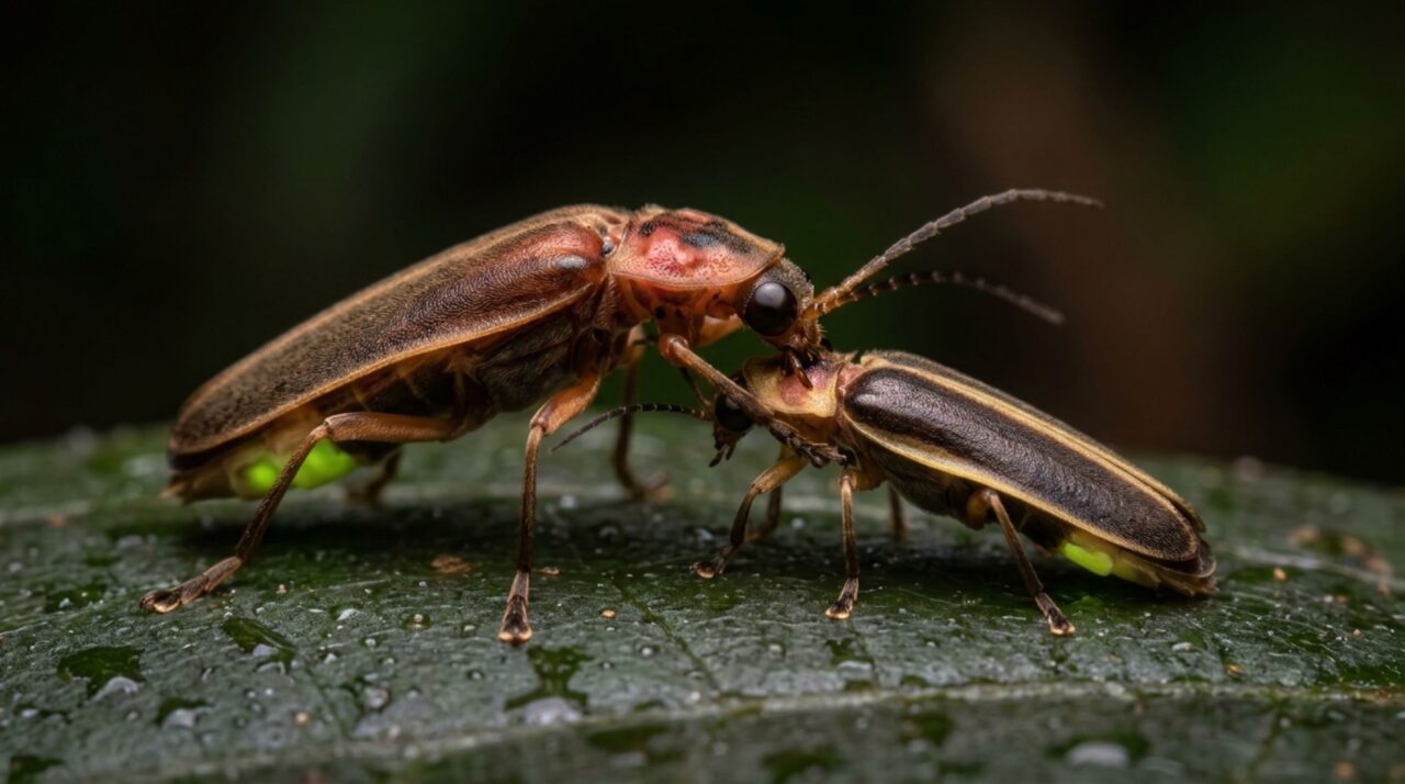 Fêmea de Photuris sp. capturando o macho de Photinus sp. após atraí-lo com falsos sinais bioluminescentes