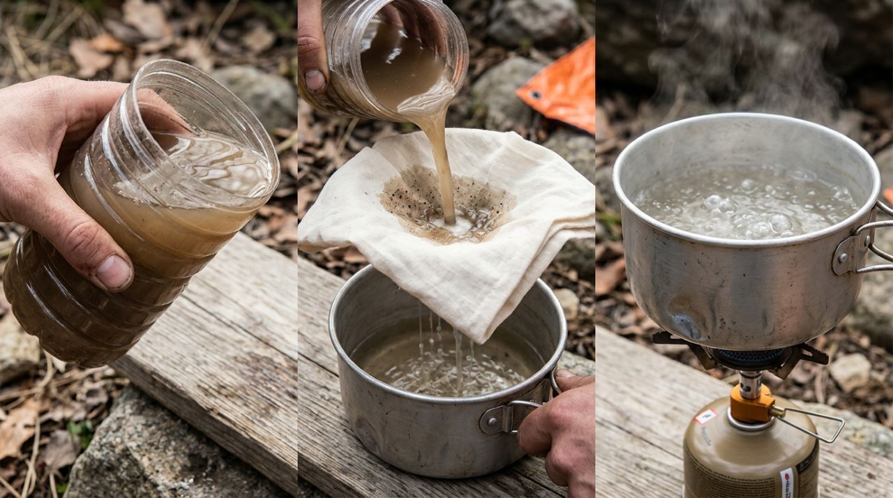 Na água em emergência, remover sedimentos e depois ferver corretamente ajuda a reduzir riscos microbiológicos, mas não elimina possíveis contaminantes químicos