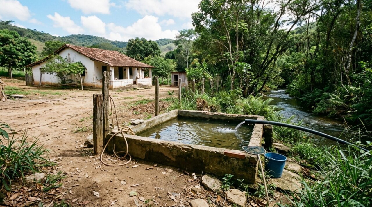 Família compra chácara com córrego e decide desviar parte da água por uma tubulação para encher um tanque de peixes, depois descobre que mudar o caminho da água envolve regras diferentes de simplesmente ter o terreno
