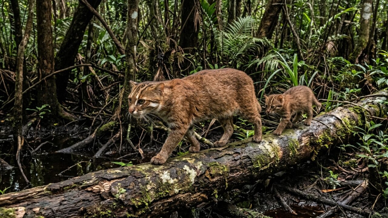 Felino raríssimo desaparecido por 29 anos reaparece em área protegida e câmera registra uma mãe caminhando com seu filhote
