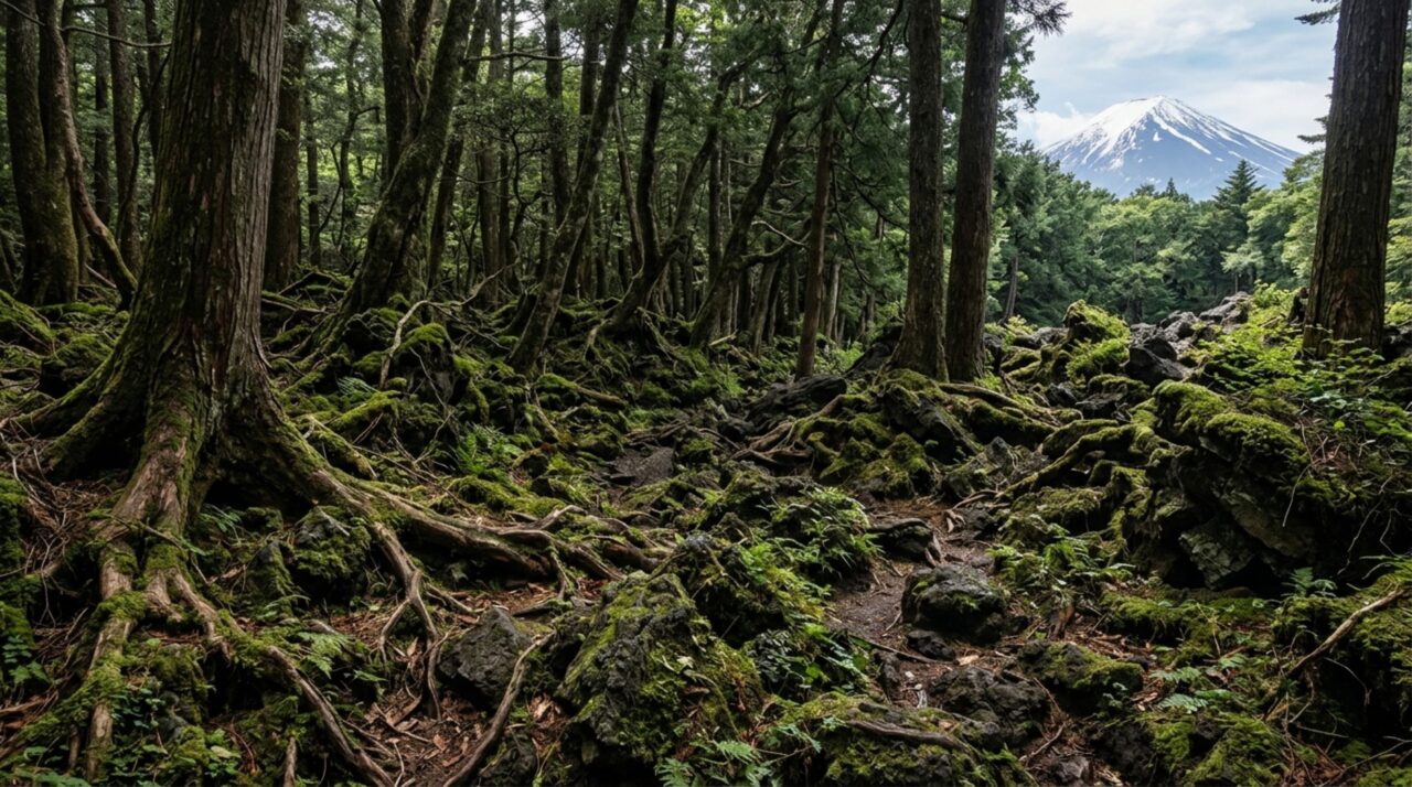 Ao pé de uma montanha do Japão existe uma floresta tão densa que antigas trilhas desaparecem entre raízes, cavernas e formações de lava criadas por erupções ocorridas há séculos, tornando a orientação muito mais difícil do que parece olhando um mapa