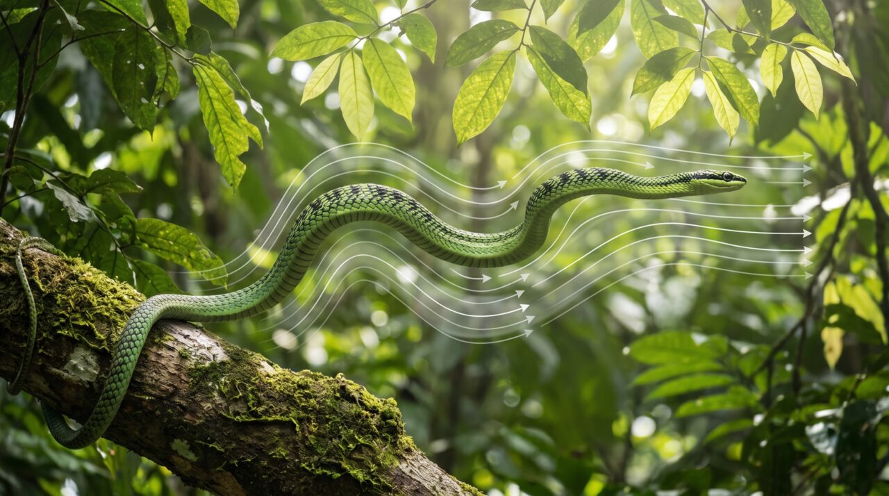 Rastrearam 12 pontos no corpo de cobras-voadoras durante o voo e a simulação mostrou por que elas ondulam no ar: sem esse movimento, perdiam estabilidade antes de cair 10 metros