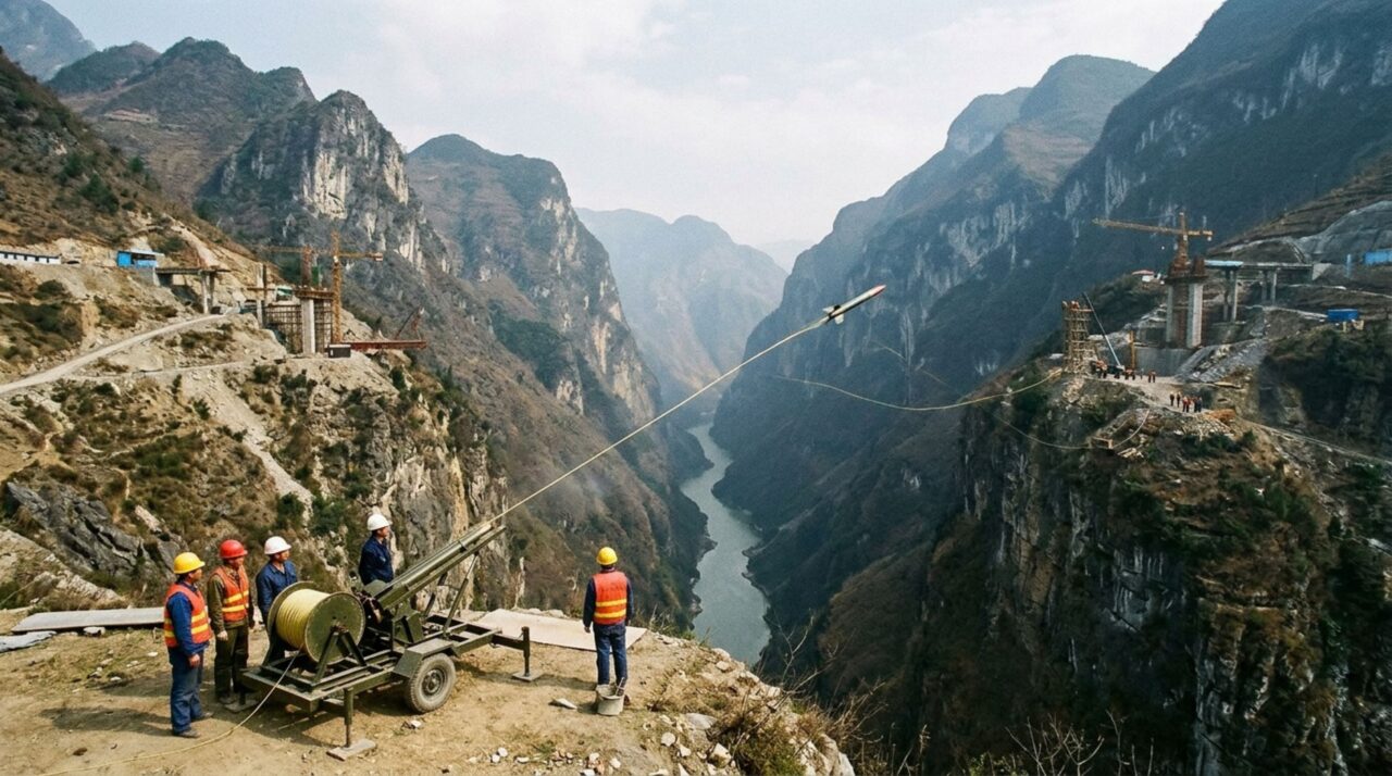 Na Ponte do Rio Sidu, foguetes lançaram cordas piloto sobre o cânion para permitir a instalação progressiva das linhas e dos cabos principais da estrutura