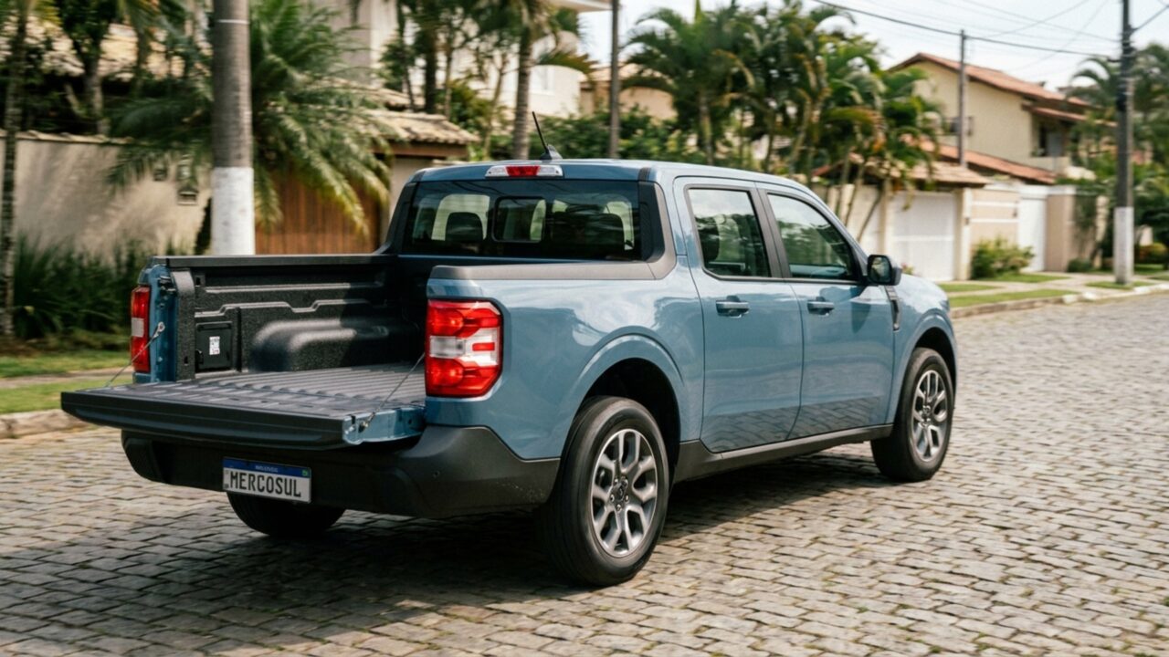Uma caçamba de 943 litros com tomada de 110 V acompanha os 194 cv desta picape híbrida com tração integral